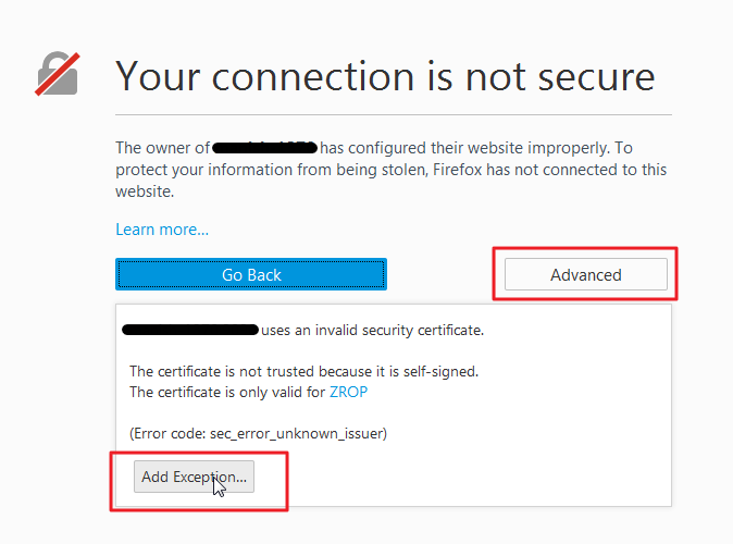 Your connection is not secure SSL Error - Adding browser exception ...